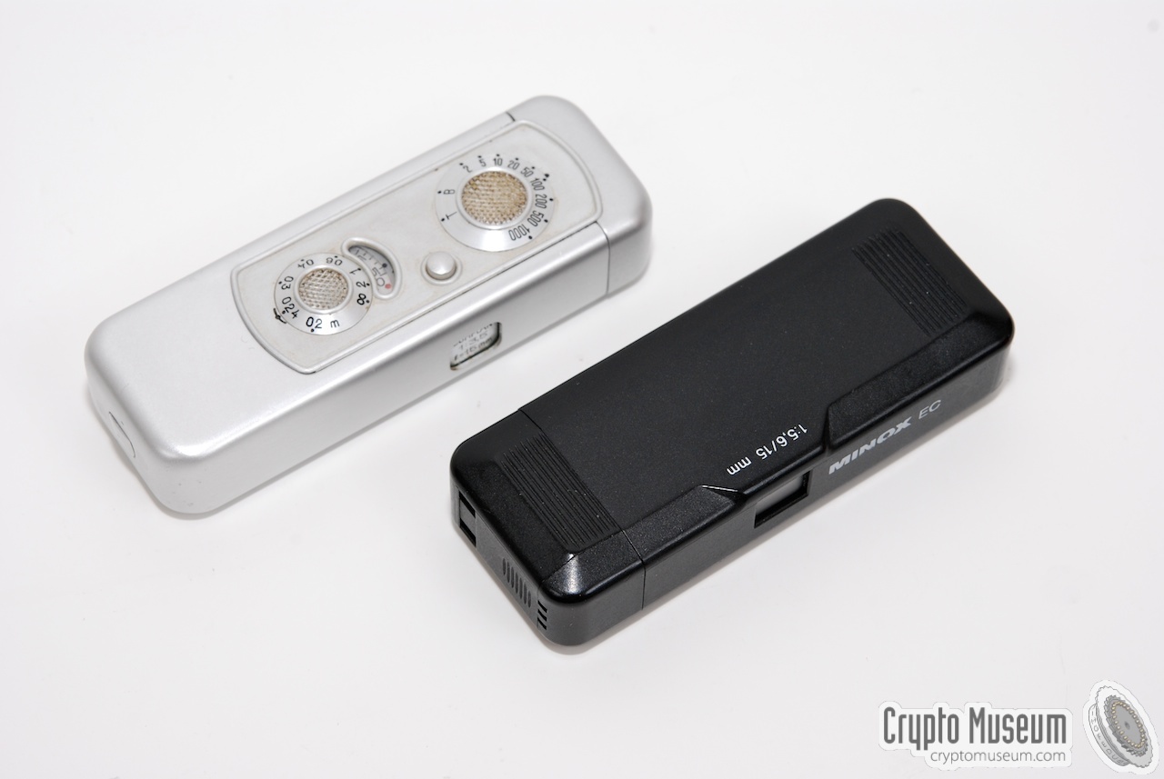 A Minox A (rear) and Minox EC (front) compared. They have nearly the same size.