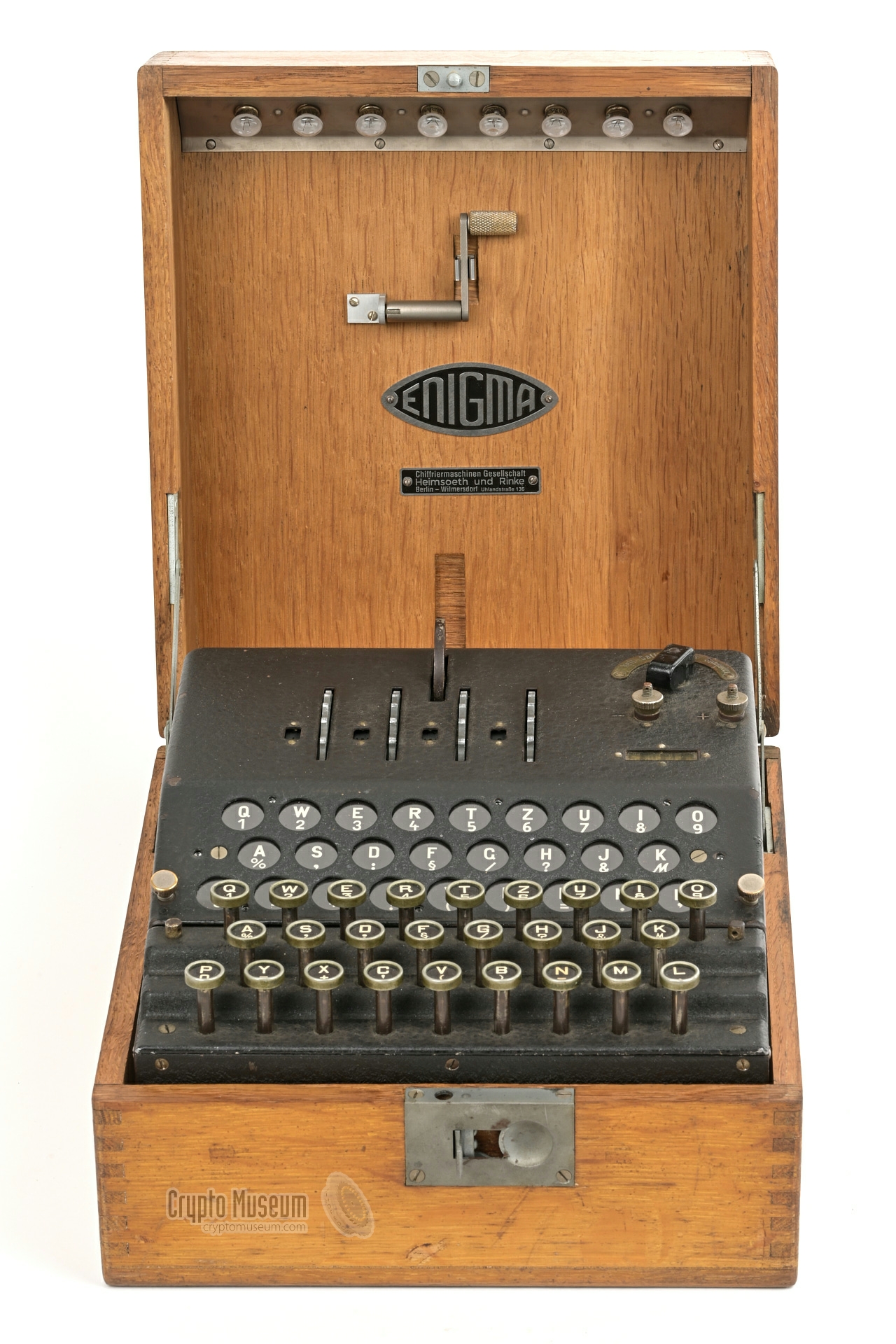 Enigma G with open case, seen from the front