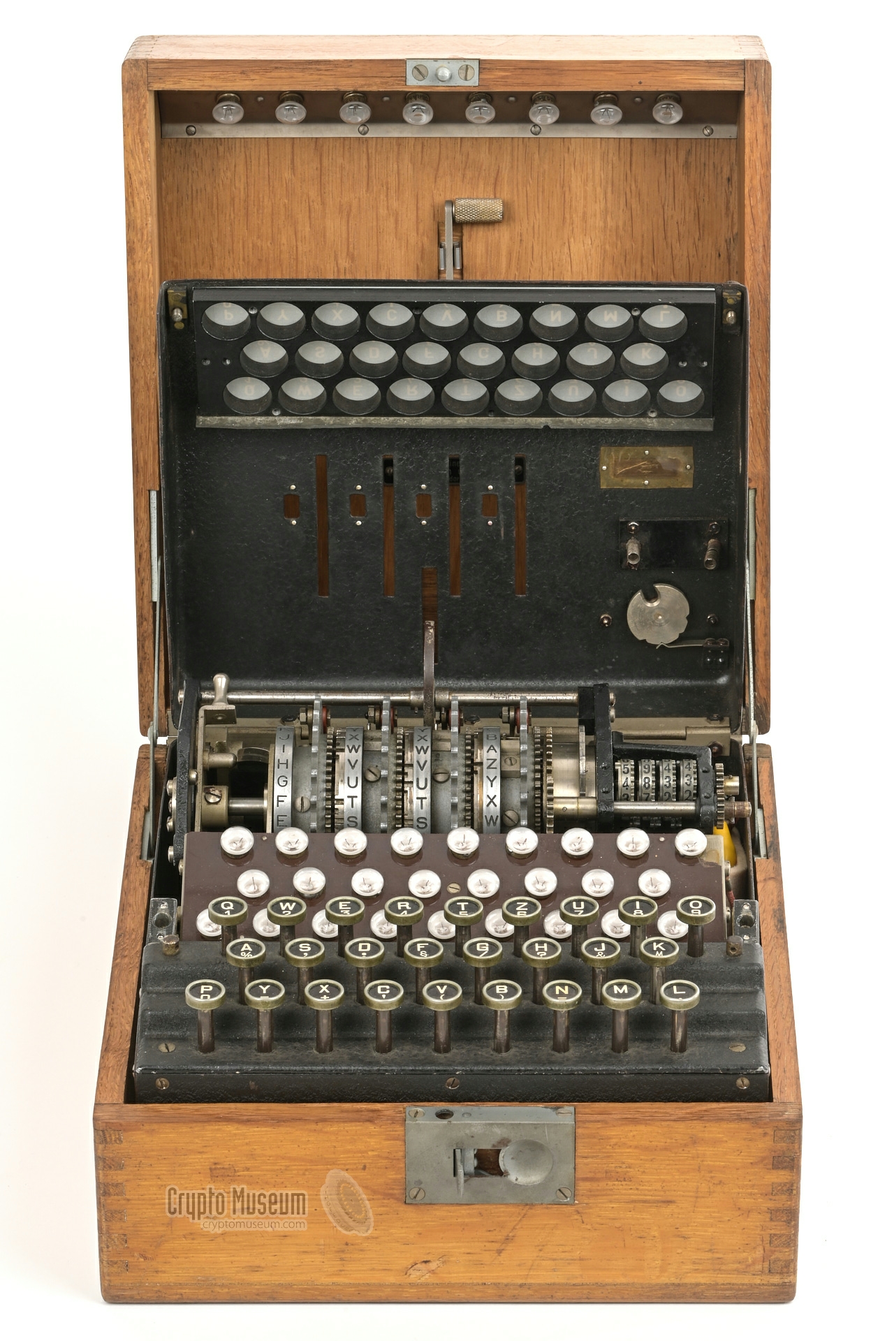 Enigma G with open lid, seen from the front