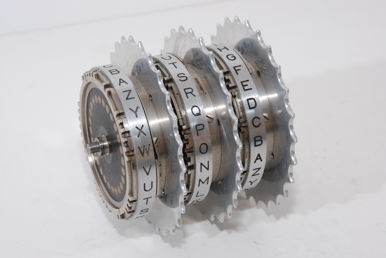 The three cipher wheels on the spindle (viewed from the left)