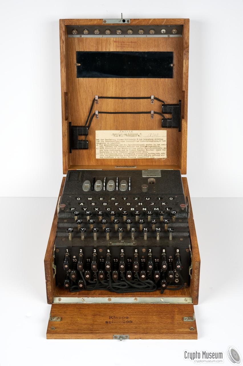 Frontal view of an Enigma M4 with open lid and open flap