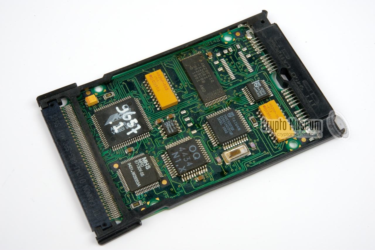 Interior of a prototype of the UP-2198 crypto card, showing the components side