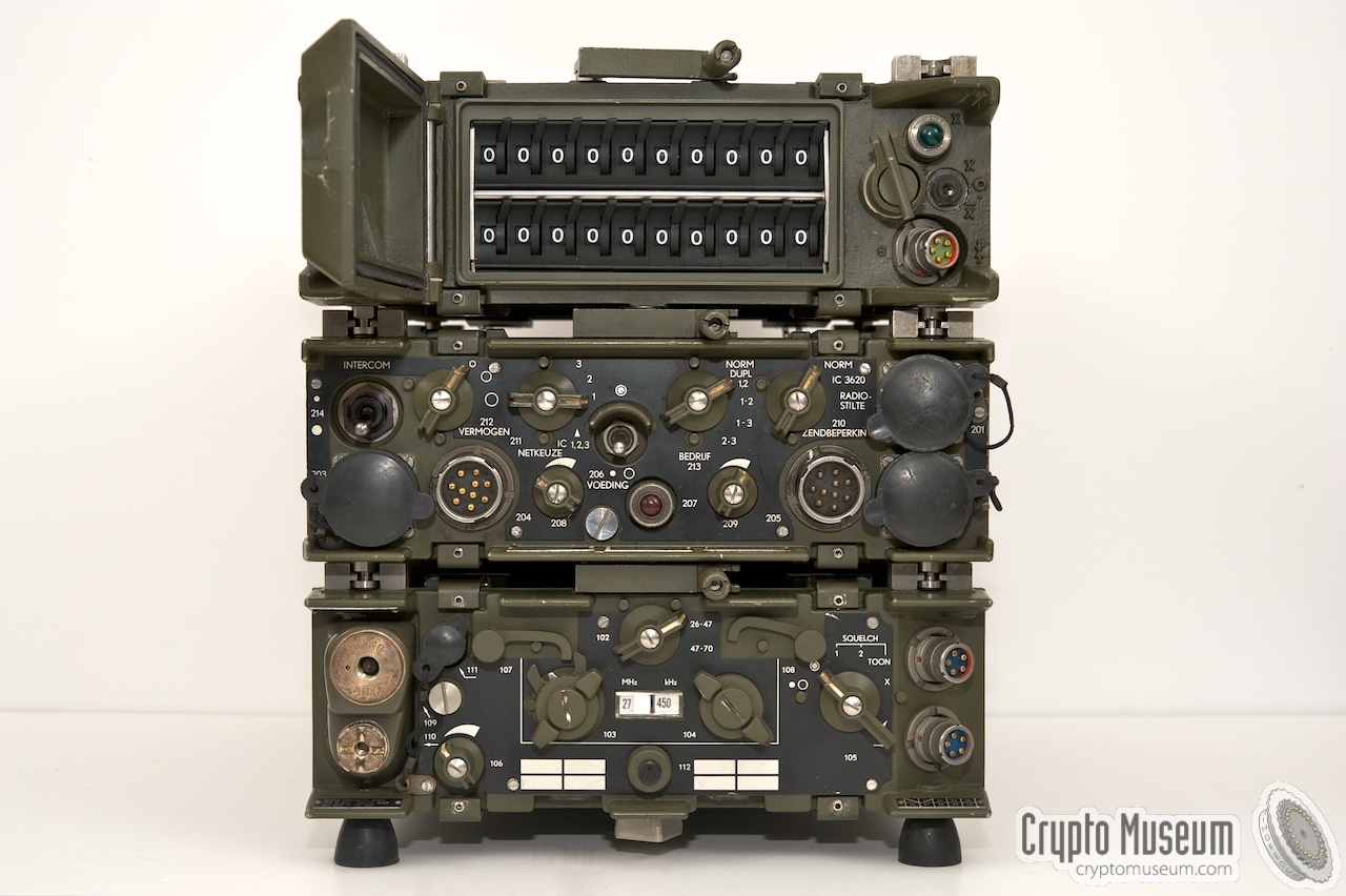 Front view of an RT-3600 radio with the Spendex-10 on top (with open door)