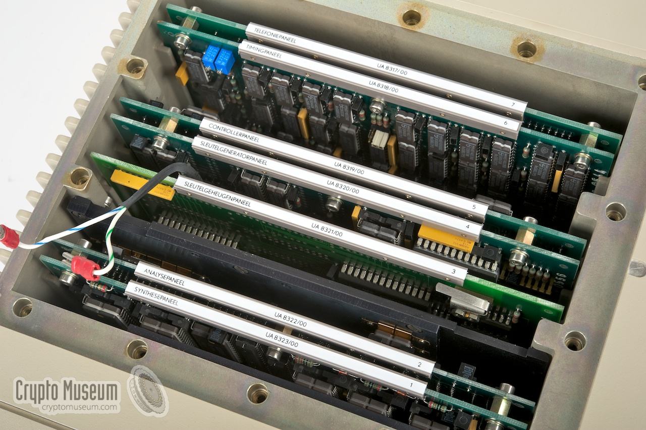 Crypto compartment. Each PCB is identified with a white label (in Dutch)