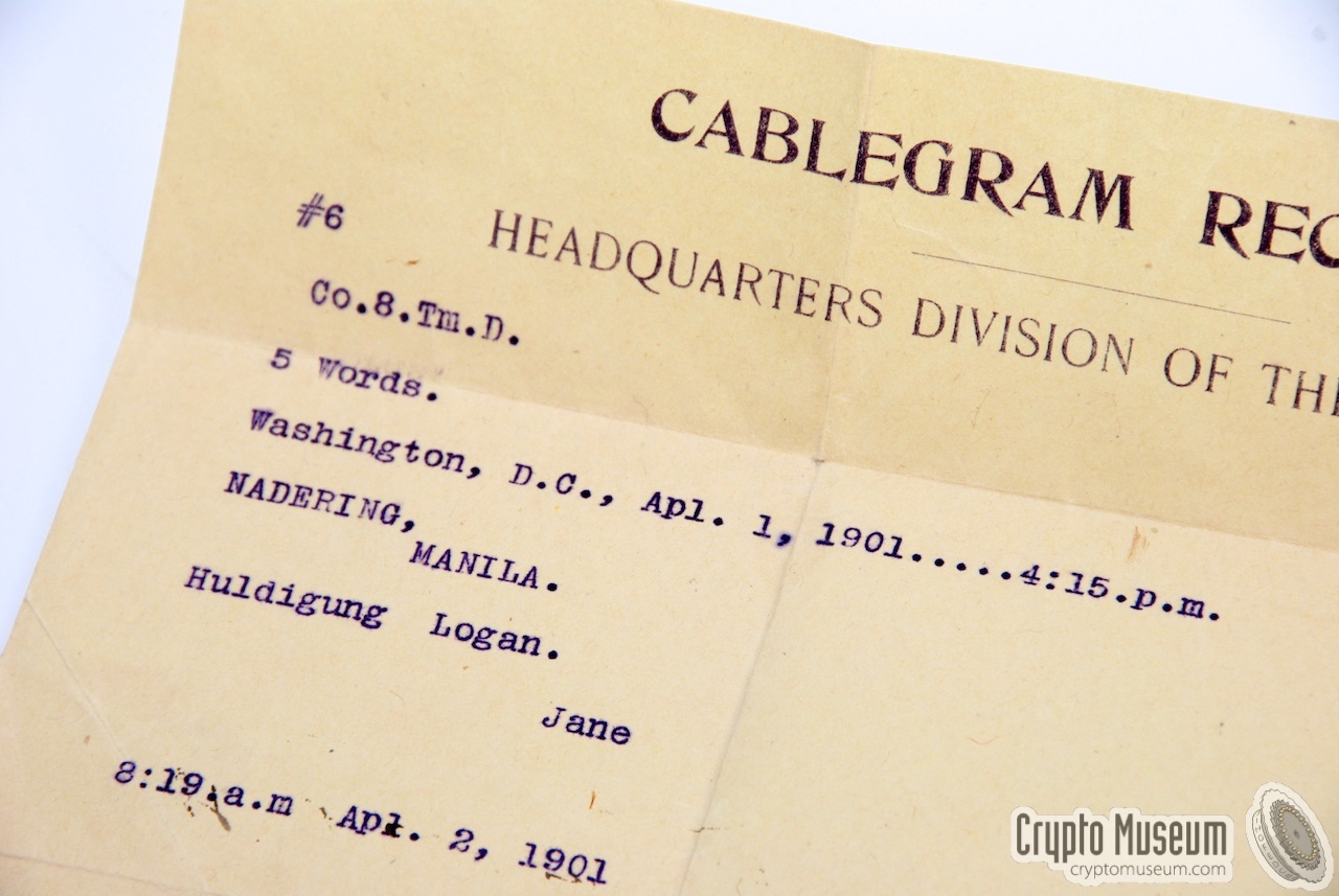 Close-up of the 1901 Cablegram found inside the pocket of the Field Message-Book.