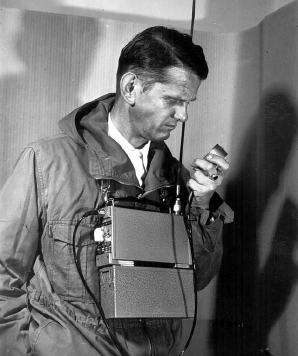 Hermann Berger with his beloved portable radio set BE-11206. [2][3]