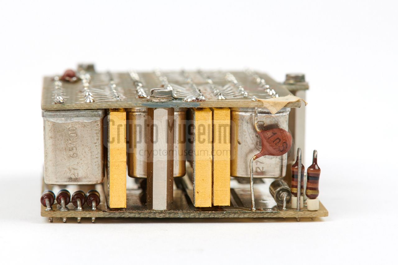 Side view of a crystal bank. The 'golden' parts are the electronic matrix switches